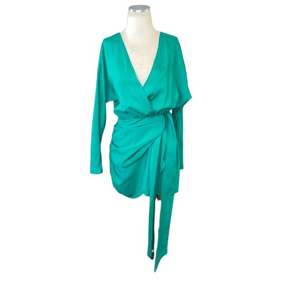 L'Academie The Lorriana Mini Dress in Green Medium Women's Wrap Blouson - Picture 5 of 10